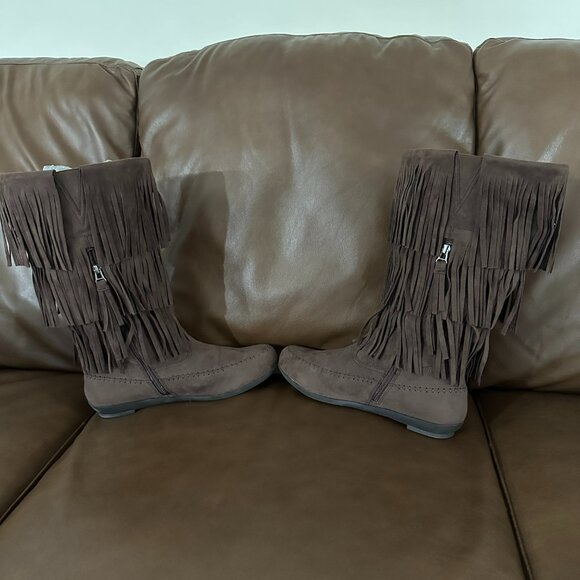 Comfortview Faux Suede Fringe Pull-On Moccasin Boots, Brown, 11WW - Picture 7 of 14